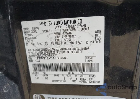 2010 Ford F-150 Fx4/Harley-Davidson/King Ranch/Lariat/Platinum/Xl/Xlt z USA, uszkodzony, nr VIN 1FTFW1EV0AFB82588